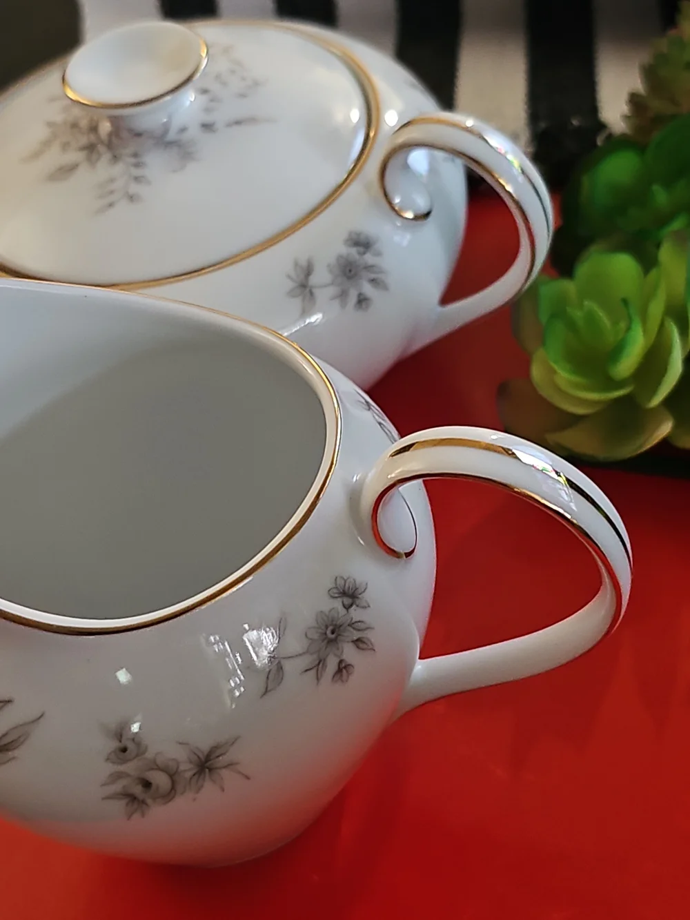 Vintage Meito SHADOW ROSE Porcelain Sugar Bowl and Creamer Set with Gold Trim